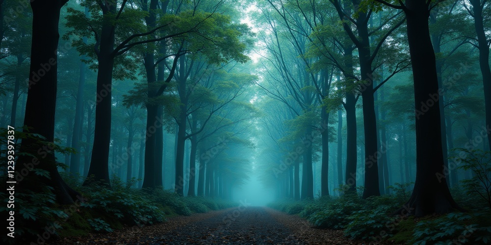 Obraz premium A serene forest path enveloped in mist, offering a tranquil escape into nature's beauty, perfect for wellness, travel, or lifestyle themes.