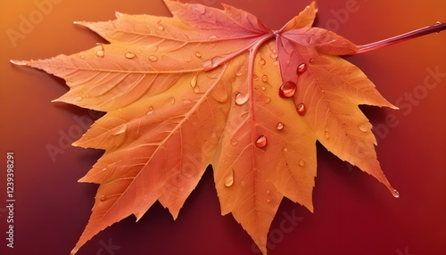 Un primer plano de una vibrante hoja de otoño de color naranja y rojo con gotas de agua que cubren su superficie photo