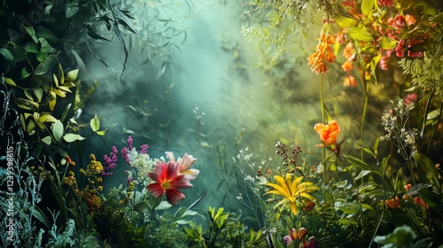 Lush forest with sunlight streaming through greenery