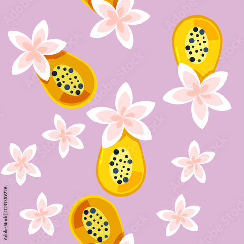 Fruit flat seamless pattern with papaya and plumeria flowers. Simple, cute summer cartoon vector illustration.