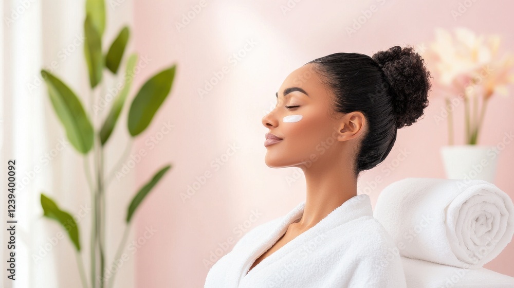 Serene Woman Applying Facial Cream in a Pink Spa Setting Serene Woman Applying Facial Cream in a Pink Spa Setting