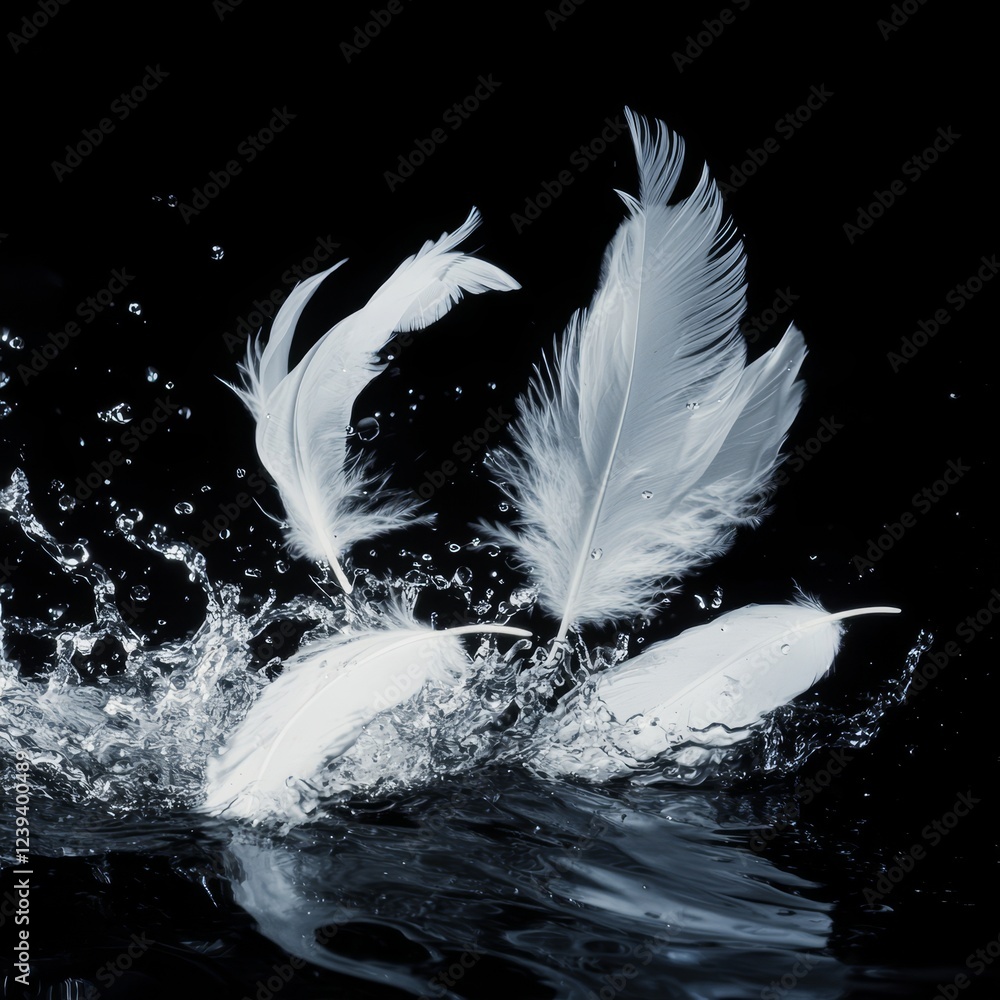 Obraz premium Feathers in water with splashes of water on a black background