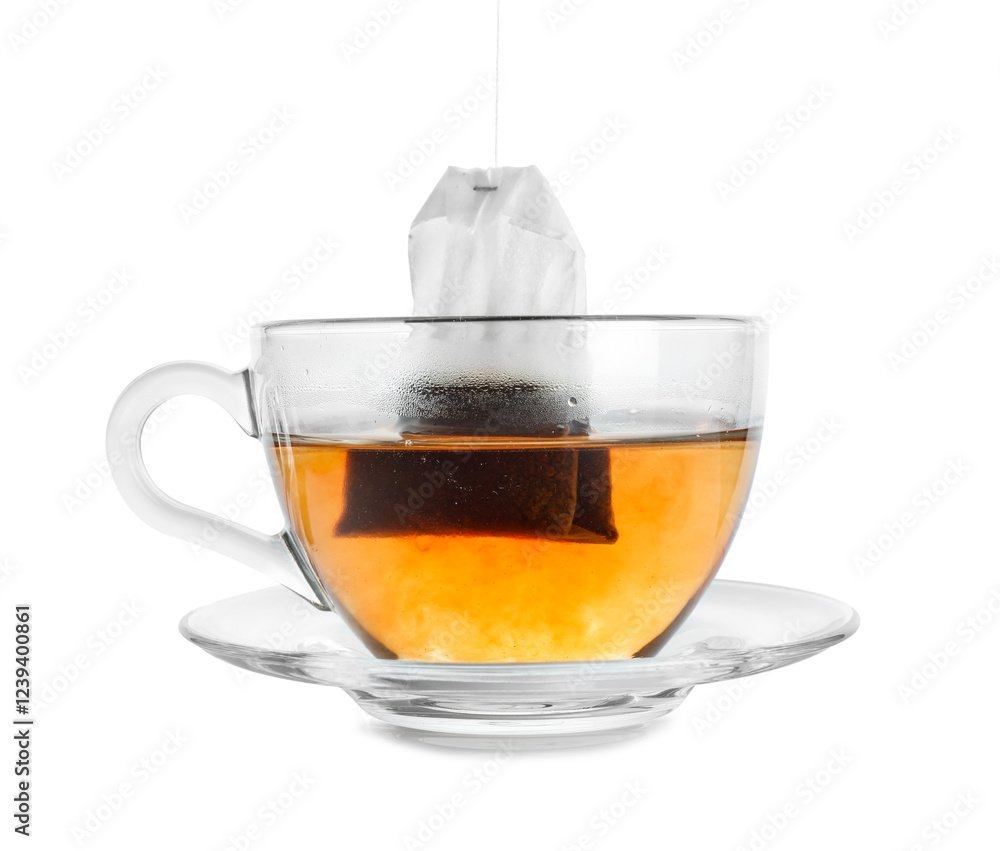 Cup with teabag isolated on white. Brewing aromatic tea Cup with teabag isolated on white. Brewing aromatic tea
