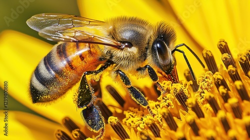 Close-up of a bee collecting pollen from a vibrant yellow flower in a sunny garden during summer