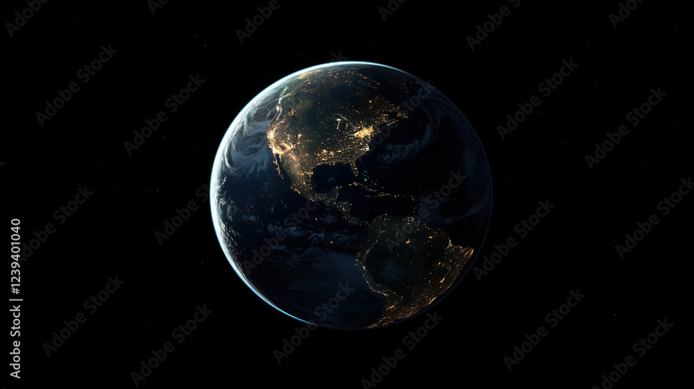 Earth at Night from Space Showcasing Illuminated Continents and Oceans with the Glowing Lights of Human Civilization Scattered Across the Planet Earth at Night from Space Showcasing Illuminated Continents and Oceans with the Glowing Lights of Human Civilization Scattered Across the Planet