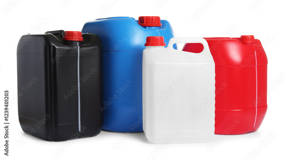 Many different plastic canisters isolated on white Many different plastic canisters isolated on white