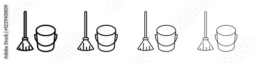 besom with stick and pail icon Flat illustration sign