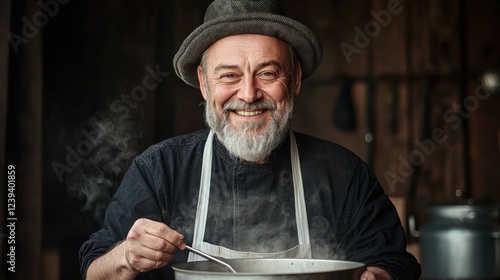 Smiling senior man with a gray beard wearing a hat and apron tastes a steaming pot of food in a rustic kitchen setting. Warm lighting and a blurred background create a cozy atmosphere. photo