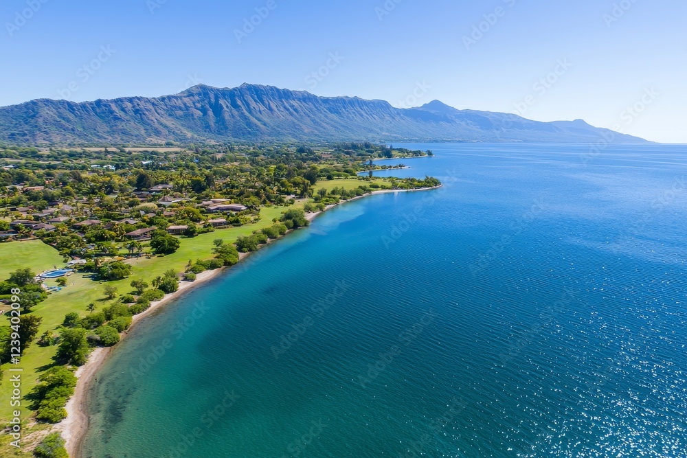 Fototapeta premium An expansive aerial view of Maconde Bay, showcasing a scenic viewpoint and a mountain range behind, Maconde, Mauritius.