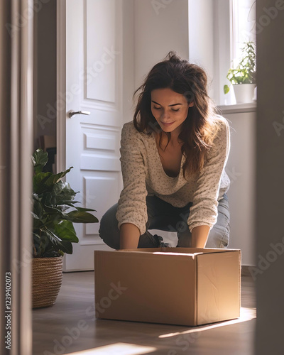 Woman unboxing a package at home  
