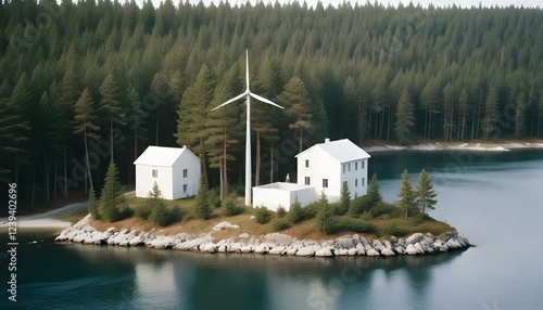 Una pequeña isla con pinos, una turbina eólica y un edificio blanco en medio de una masa de agua photo