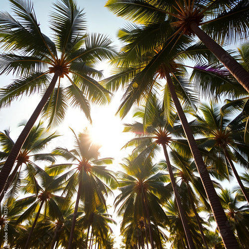 Tall palm trees sway gently in warm sunlight, leaves rustling softly, , gentle breeze photo