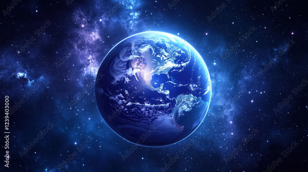 Obraz premium Earth Glowing at Night from Space with Twinkling City Lights Across Continents Against the Vast Dark Expanse of the Universe