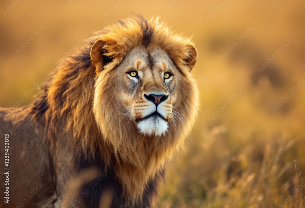 Majestic lion standing in grassy savannah, symbolizing strength and wildlife conservation. Great for safari, nature, and wildlife-themed events, World Lion Day, or educational projects Majestic lion standing in grassy savannah, symbolizing strength and wildlife conservation. Great for safari, nature, and wildlife-themed events, World Lion Day, or educational projects