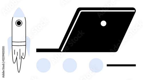 Rocket launching beside a laptop, symbolizing speed, technology, and innovation. Ideal for productivity, digital transformation, startup culture, futuristic concepts, tech advancements goal setting