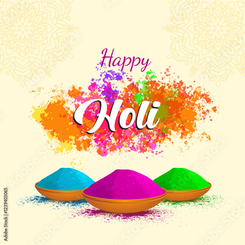 This Holi greeting card showcases Happy Holi in a stylized font vibrant color splashes symbolizing gulal and bowls of colorful powder The light background has a subtle mandala design