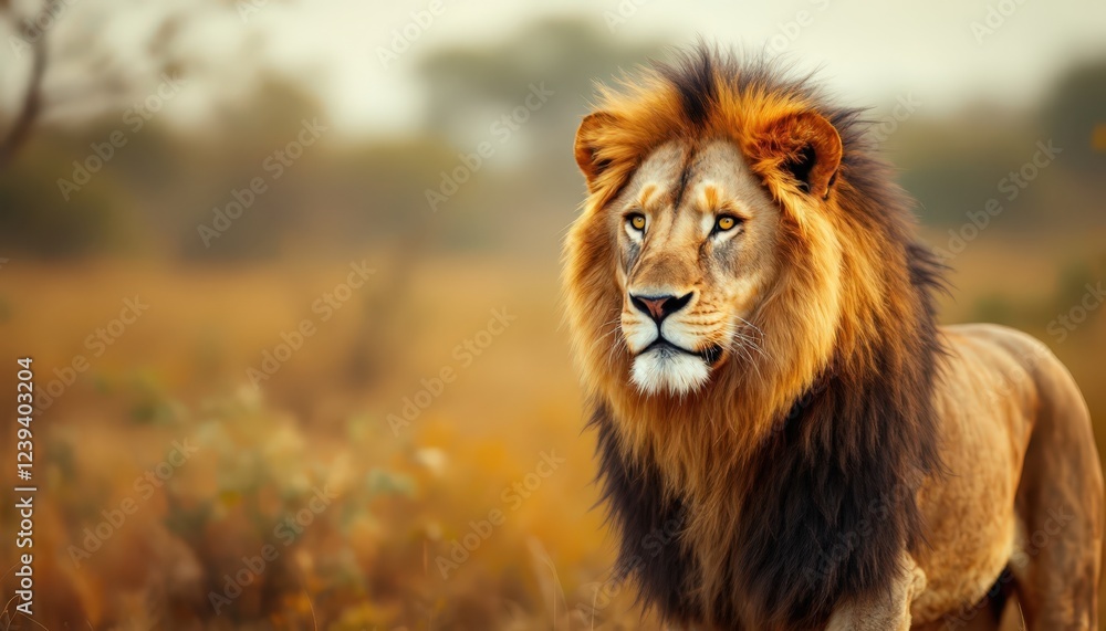Majestic lion standing in grassy savannah, symbolizing strength and wildlife conservation. Great for safari, nature, and wildlife-themed events, World Lion Day, or educational projects Majestic lion standing in grassy savannah, symbolizing strength and wildlife conservation. Great for safari, nature, and wildlife-themed events, World Lion Day, or educational projects