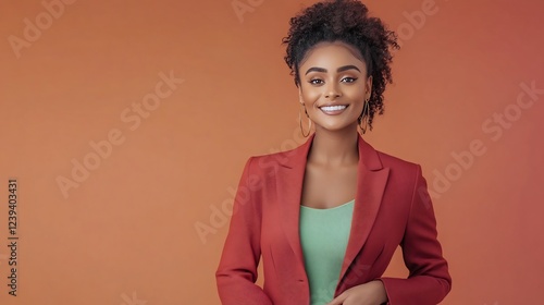Smiling black woman in formal blazer against neutral background