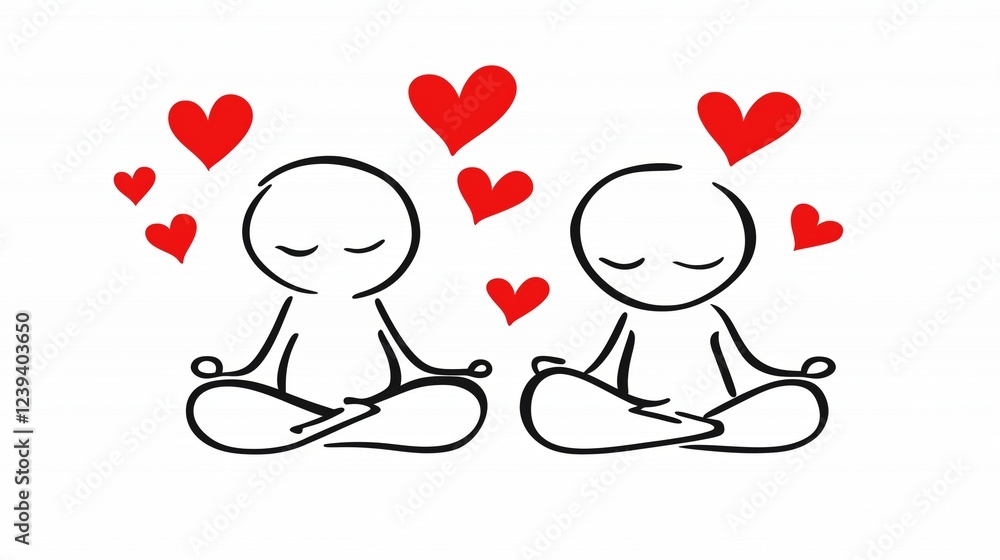 Meditating figures with hearts in minimalist design. International Day Of Yoga. Mental well-being Meditating figures with hearts in minimalist design. International Day Of Yoga. Mental well-being