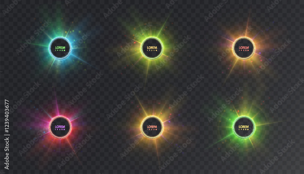 Naklejka premium Abstract background of glowing vector circles in bright colorful colors, light effect around bright circles with bright glow on transparent background.