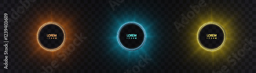 Abstract background of glowing vector circles in bright colorful colors, light effect around bright circles with bright glow on transparent background.