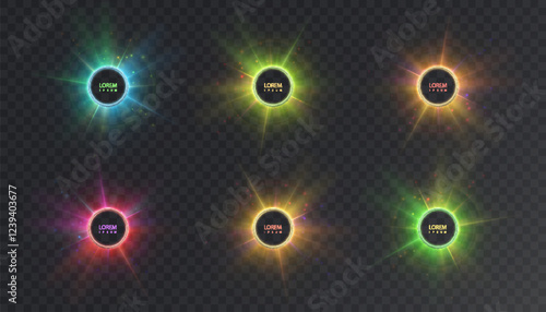 Abstract background of glowing vector circles in bright colorful colors, light effect around bright circles with bright glow on transparent background.