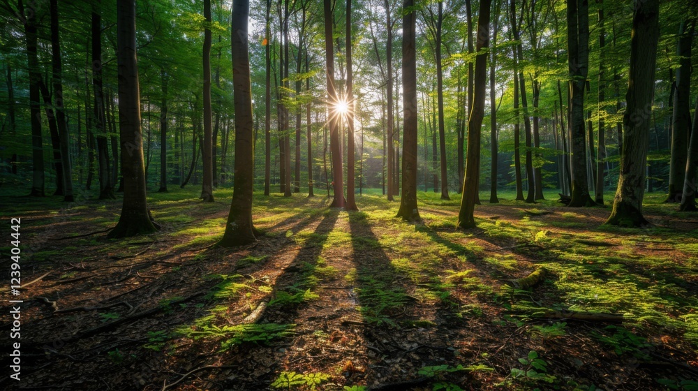 Obraz premium A peaceful woodland scene with sunlight filtering through the trees, revealing the beauty of the natural landscape