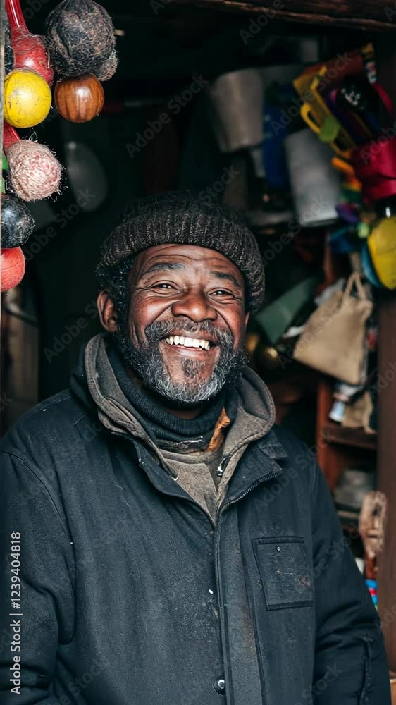 Smiling man standing at the entrance of a workshop surrounded by colorful crafts in a quaint town Smiling man standing at the entrance of a workshop surrounded by colorful crafts in a quaint town