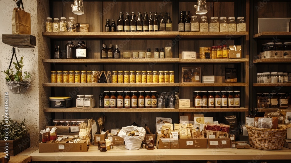 Well-stocked shelves with organic products Well-stocked shelves with organic products