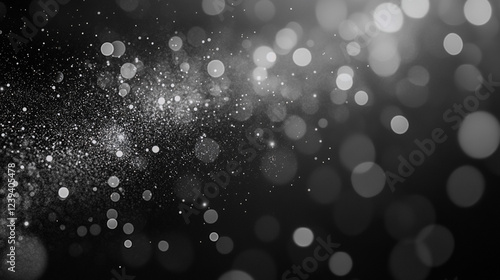 Black and white abstract background with bokeh lights and particles, creating a sparkling, dreamy effect.