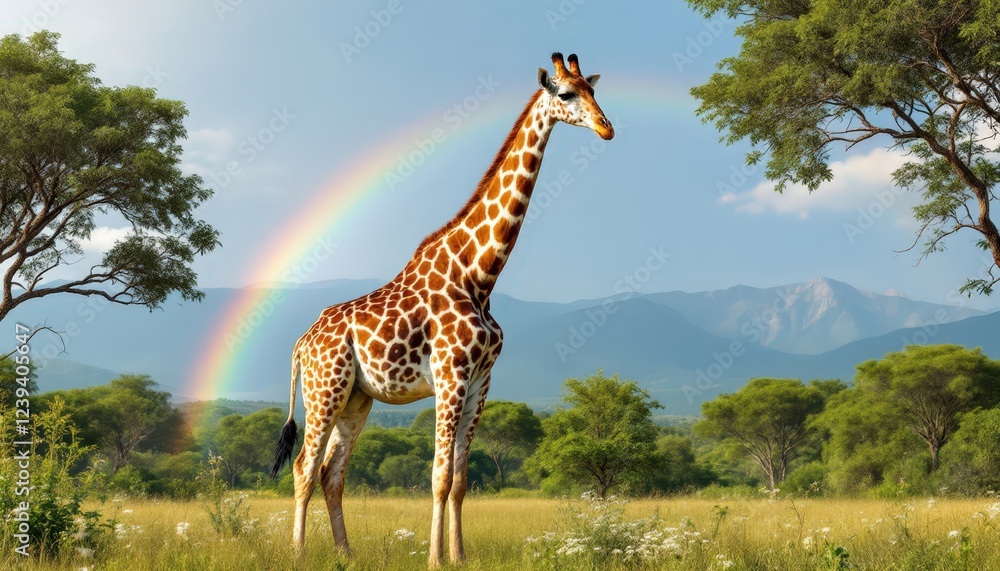 Obraz premium Giraffe standing in lush savannah with rainbow in background. Serene wildlife scene for nature and travel inspiration.
