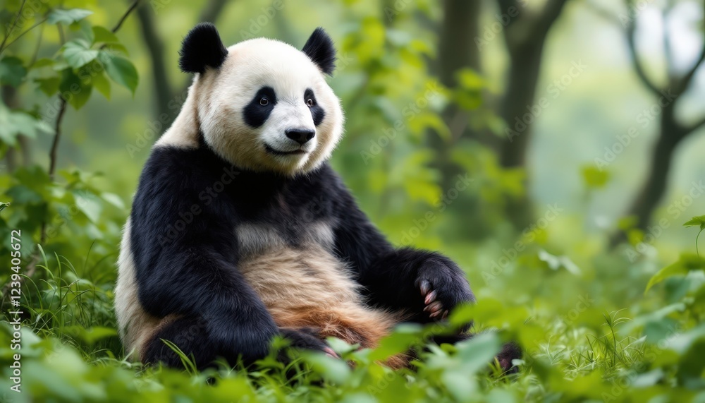 Giant panda sitting in lush green forest. Cute animal in natural habitat. Wildlife scene for nature, conservation, and educational projects. Giant panda sitting in lush green forest. Cute animal in natural habitat. Wildlife scene for nature, conservation, and educational projects.