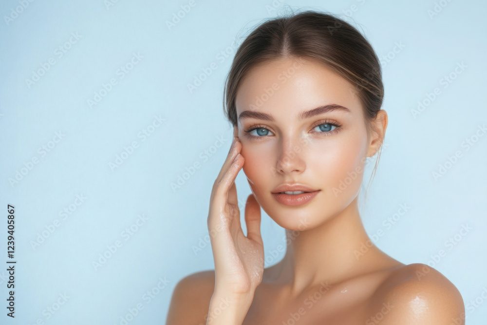 A young woman with flawless, glowing skin gently touches her face, radiating natural beauty and softness. Perfect for skincare, wellness, and beauty concepts, emphasizing health, self-care A young woman with flawless, glowing skin gently touches her face, radiating natural beauty and softness. Perfect for skincare, wellness, and beauty concepts, emphasizing health, self-care