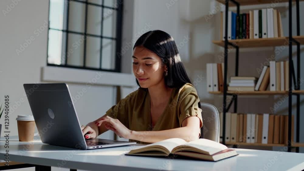 A breathtaking 4K ultra-HD portrait stock video capturing a young Latin woman working remotely from her home office A breathtaking 4K ultra-HD portrait stock video capturing a young Latin woman working remotely from her home office