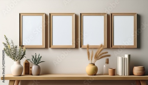 Four blank picture frames wall art posters on a wooden shelf with decorative items mockup
