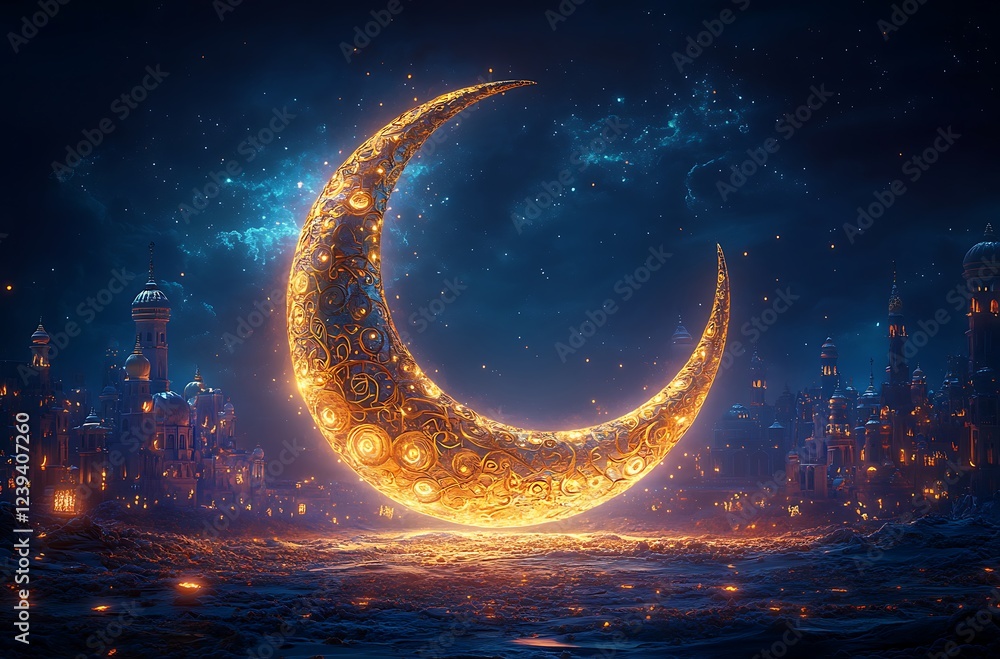 Fototapeta premium Glowing Crescent Moon Made of Sparkling Golden Orbs Against Mystical Night Sky with Distant City Silhouettes