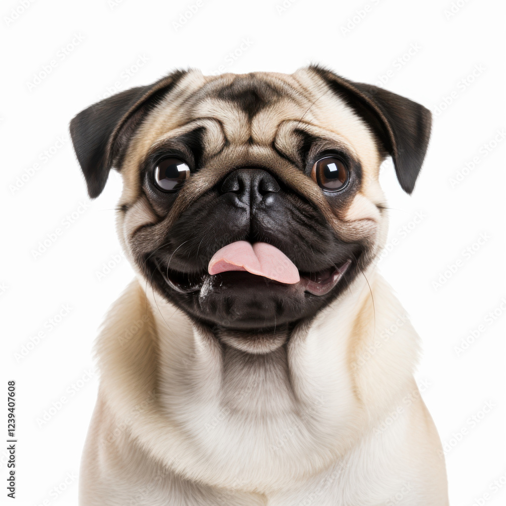 Happy pug dog with playful expression, showcasing its wrinkled face and large eyes. This adorable pet exudes joy and charm, perfect for animal lovers Happy pug dog with playful expression, showcasing its wrinkled face and large eyes. This adorable pet exudes joy and charm, perfect for animal lovers