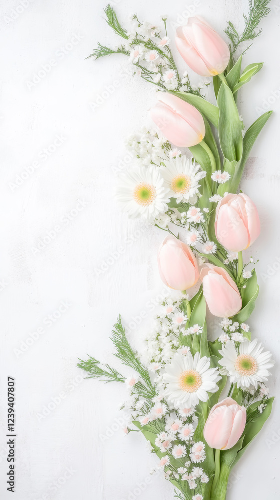 Obraz premium Elegant vertical arrangement of pink tulips and white daisies on a light background