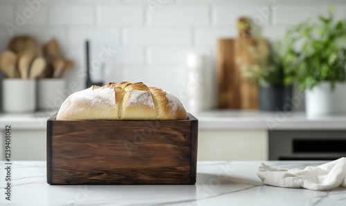 Dark Wood Breadbox with Freshly Baked Bread on Kitchen Counter for Rustic Kitchen Charm photo