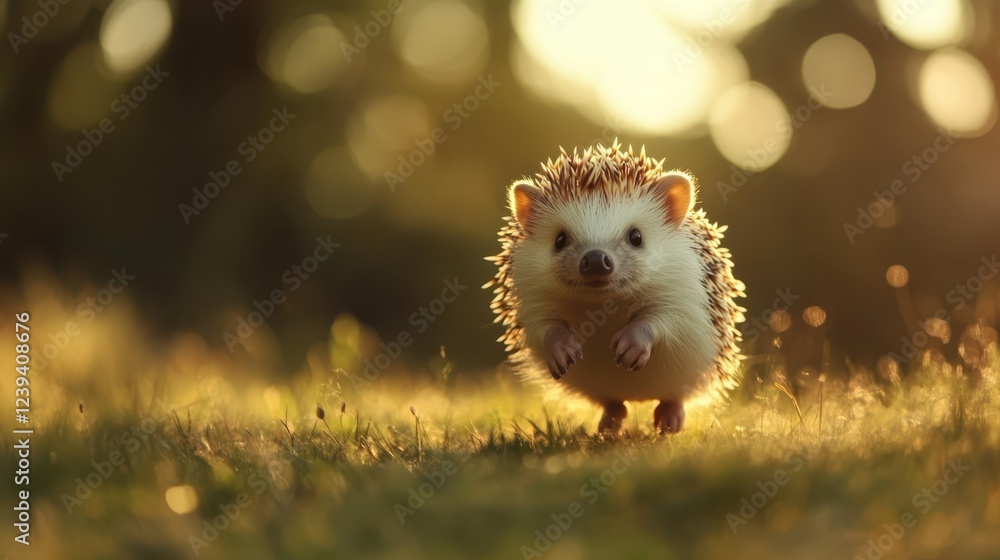 Fototapeta premium Hedgehog running through grass with blurred bokeh lights in background