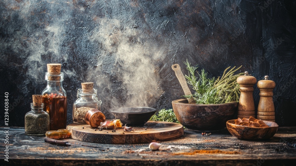 Rustic kitchen setup with herbs and glass jars Rustic kitchen setup with herbs and glass jars