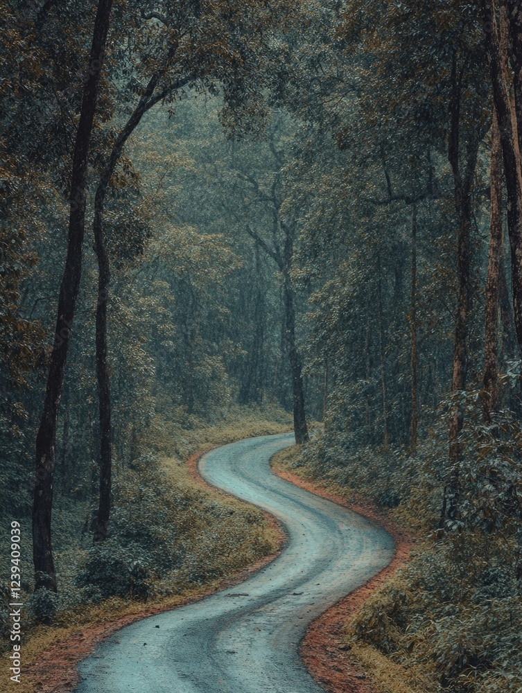 Fototapeta premium A curvy, unpaved forest path surrounded by lush greenery and towering trees.
