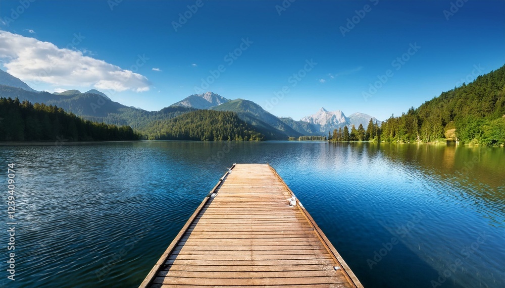 tranquil wooden pier extending into calm lake and mountains on sunny day tranquil wooden pier extending into calm lake and mountains on sunny day