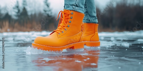 Warm orange snow boots for cold weather and ice skating activities. Water resistant with good traction on slippery surfaces. photo