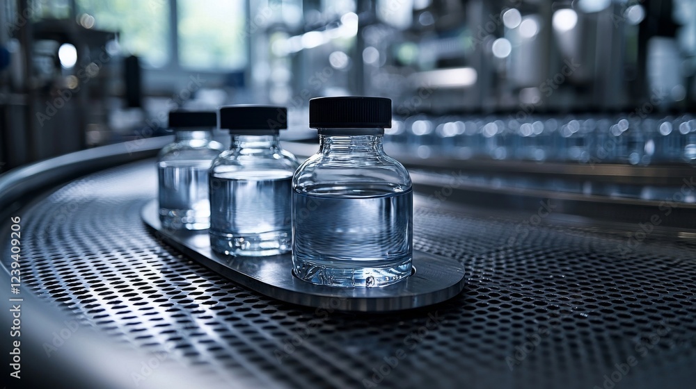 Pharmaceutical industry. A conveyor in the production line with glass bottles and ampoules in a factory setting. Background highlights the concept of pharmaceutical industry