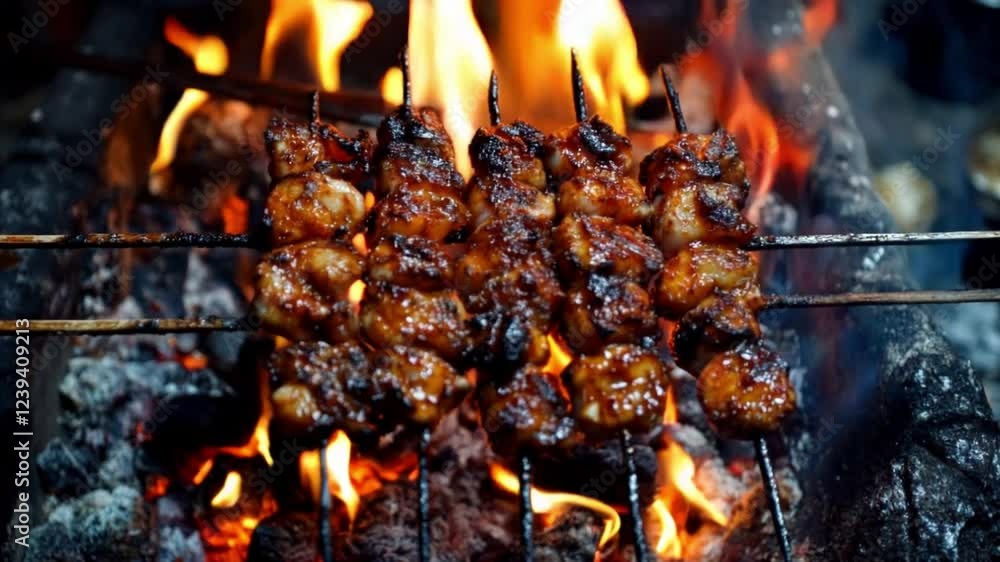 Delicious Grilled Chicken Skewers Over an Open Flame Delicious Grilled Chicken Skewers Over an Open Flame