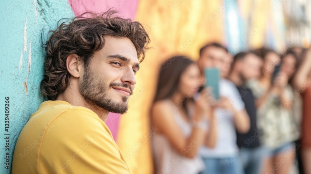 Fototapeta premium Young man appreciating the moment while friends engage with smartphones in a colorful urban setting