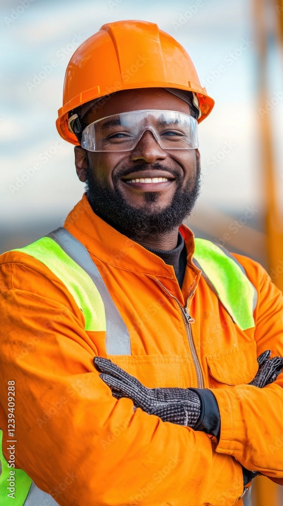 Portrait of a smiling Black man wearing an orange jumpsuit, safety glasses, and hard hat. Arms crossed, confident expression. Outdoor setting. Portrait of a smiling Black man wearing an orange jumpsuit, safety glasses, and hard hat. Arms crossed, confident expression. Outdoor setting.