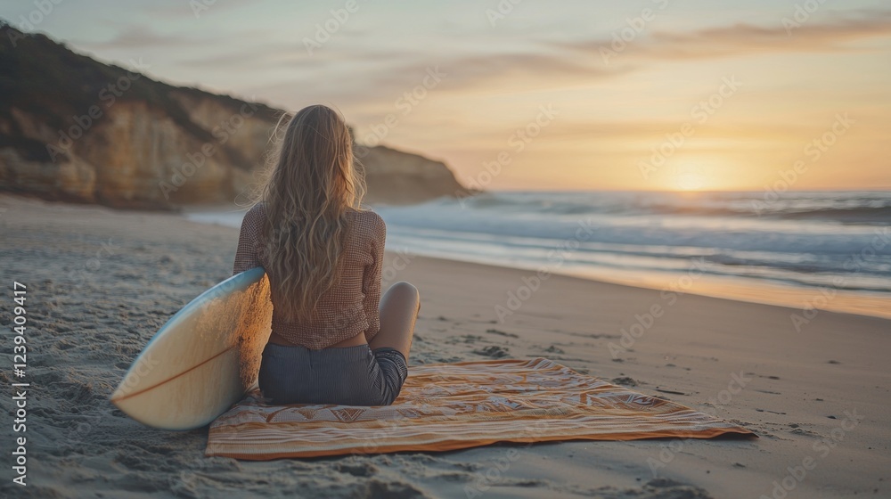 Fototapeta premium Surfer relaxing on a beach at sunset, enjoying the serene view of the ocean waves and golden sky