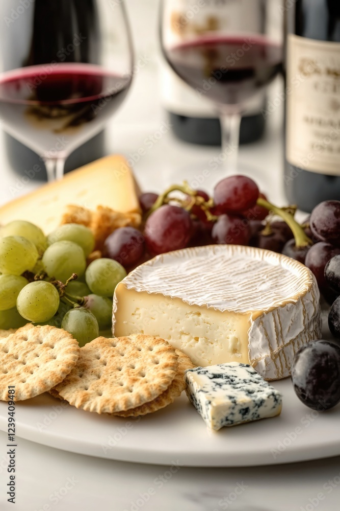 Cheese and wine pairing featuring brie, cracker crisps, grape slices, and dried fruit. Perfect for a casual or formal gathering. Cheese and wine pairing featuring brie, cracker crisps, grape slices, and dried fruit. Perfect for a casual or formal gathering.